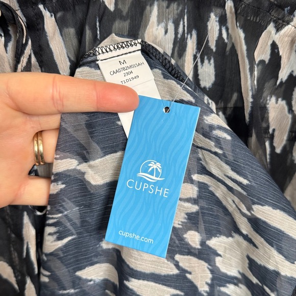 CUPSHE Maxi Kaftan Cover Up Dress Black Beige Abstract Print Drawstring Waist M - Picture 3 of 5